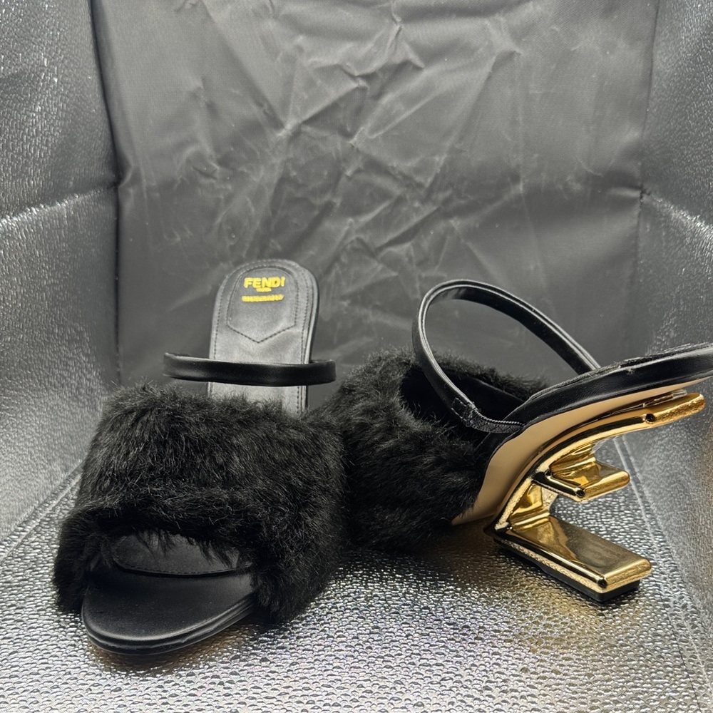 Fendi Black and Gold Fur Heels